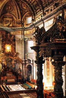 Bernini, Gian Lorenzo, d. 1680 -Title- Basilica di San Pietro -Complex- Vatican -Location- Rome, Italy -Date- 1655-1667 -View- Baldacchino and Cathedra Petri