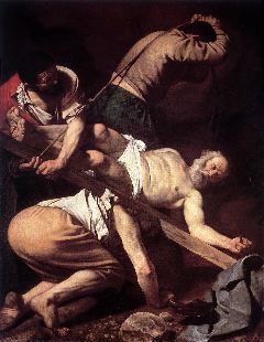 CARAVAGGIO- The Crucifixion of Saint Peter-1600-Oil on canvas, 230 x 175 cm-Cerasi Chapel, Santa Maria del Popolo, Rome