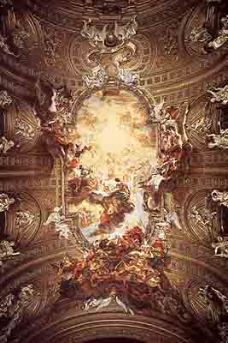 Giovanni Battista Gaulli. Triumph of the Name of Jesus, ceiling fresco with stucco figures in the vault of the Church of Il Gesu, Rome. 1676-79