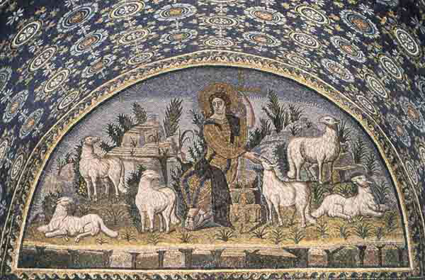 Good Shepherd, mosaic in the Lunette over the west enrance, Mausoleum of Gala Placidia, Ravenna, Italy. 425-26