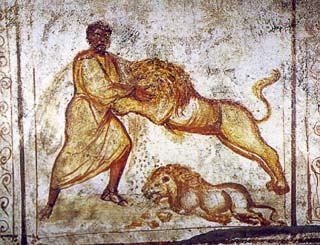 Catacomb-Samson and the Lion. Wall-painting, c. 350-400. Via Latina Catacomb, Rome