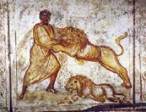 Catacomb-Samson and the Lion. Wall-painting, c. 350-400. Via Latina Catacomb, Rome
