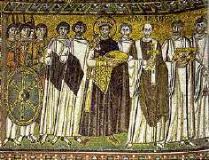 S. Vitale-Justinian with Bishop Maximian, clergy, courtiers, and soldiers. Mosaic. S. Vitale, Ravenna
