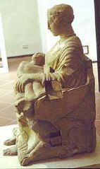 Mother and Child from Chianciano, Limestone Cinerary Urn, side view.