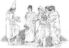Reconstruction of a divination ceremony. The drawing, elaborating ancient portrayals, reconstructs a scene in which the haruspex, in a ritual pose and with special clothing, interprets an animal liver