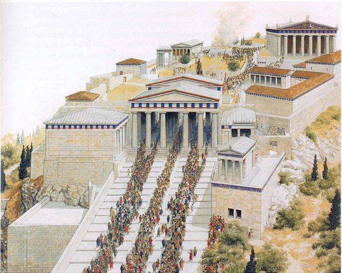 an imaginary bird's-eye view of a ritual Panathenaic procession in honor of their primary goddess Athena
