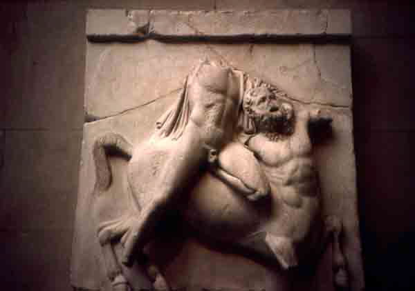 Metope relief from the Doric frieze of the south side of the Parthenon. Marble, 440 BCE