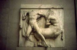  	Lapith Fighting a Centaur, metope relief from the Doric frieze of the south side of the Parthenon. Marble, 440 BCE