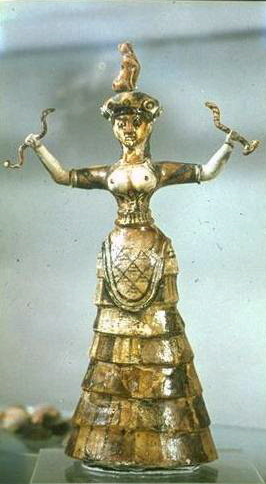 Woman or Goddess with Snakes, from the palace complex, Knossos, Crete. Faiene, 1700-1550 BCE