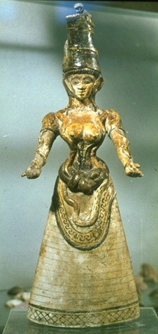 Woman or Goddess with Snakes, from the palace complex, Knossos, Crete. Faiene, 1700-1550 BCE