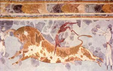 Bull Jumping, wall painting from the palace complex, Knossos, Crete. 1550-1450 BCE