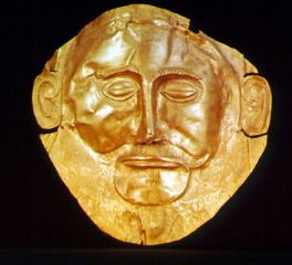 "Mask of Agamemnon" (c1500 BC) found in shaft tomb at Mycenae. repoussé gold. National Museum, Athens 