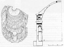 Architectural schematic: L) looking up; R) cut-away; Pantheon, Rome. 125-28 AD
