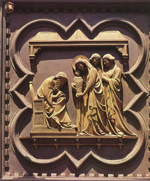 Pisano, Andrea -Naming of the Baptist (panel of the south doors)-1330-Gilded bronze-Baptistry, Florence