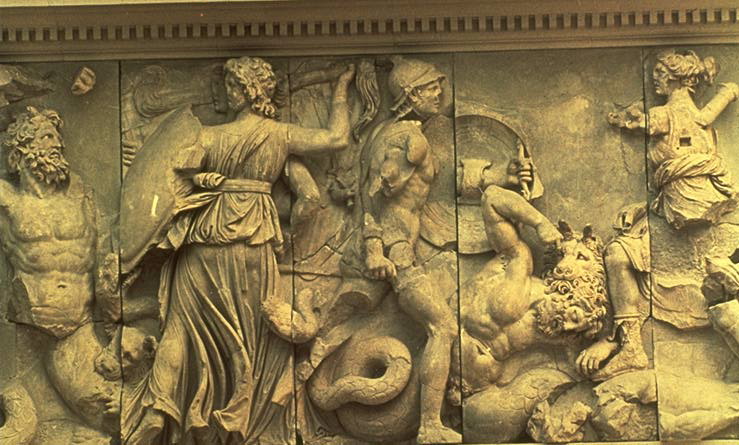 Great Altar of Zeus - Pergamon:  Hekate and Artemis battling the Giants - detail of E. frieze - ca. 180-175 B.C.  marble