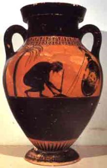 Exekias. The Suicide of Ajax, black-figure decoraion on an amphora. Ceramic, 540 BCE