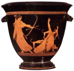 Pan Paiter. Artemis Slaying Actaeon, red-figer decoration on a bell krater. Ceramc, 470 BCE