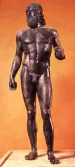 Young Warrior, found in the sea off Riace, Italy. Bronze with bone and glass eyes, silver teeth, and copper lips and nipples, 460-450 BCE